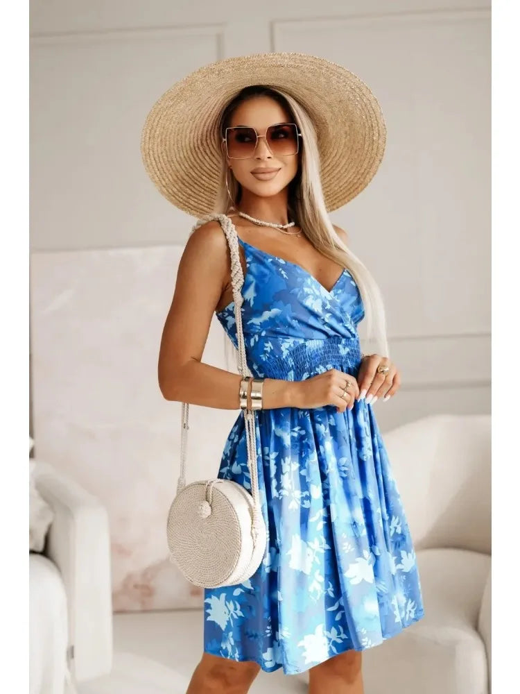 New Fashion Women's  Summer Wrap Pleated Dresses Ladies Floral Print Sexy Spaghetti Strap Sling DressBeach Dress A Line Sundress