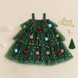 Christmas Costume Summer Kids Girl Green Dress Print Sleeveless Star Layered Tulle Dress Plush Ball Hat Baby Xmas Party Clothes