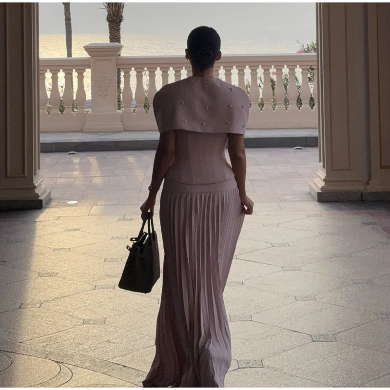 Elegant Shawl Pleated Top Long Skirt Women Set Sleeveless Tops Diamond Shawl High Waist Fashion Evening Skirts Summer Lady Suit