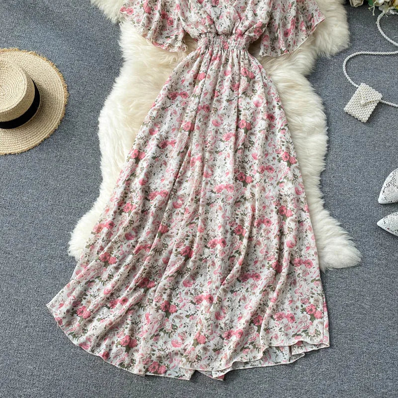 Retro Floral Print Ruffle Chiffon Elegant Midi Dress A-line V Neck Beach Vacation Dress Women Korean Fashion Summer Vestidos