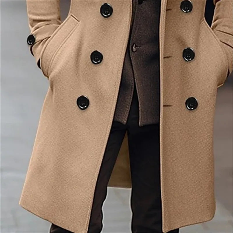 Autumn Winter Men's Woolen Coats Business Casual Fashion Double Breasted Long Woolen Trench Male England Style Wool Blends Coat