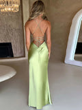 Summer New Fashion Dress Women's Sexy V-Neck Suspender Slit Mid-Length Evening Dress Elegant Party Club Satin Slim Fit