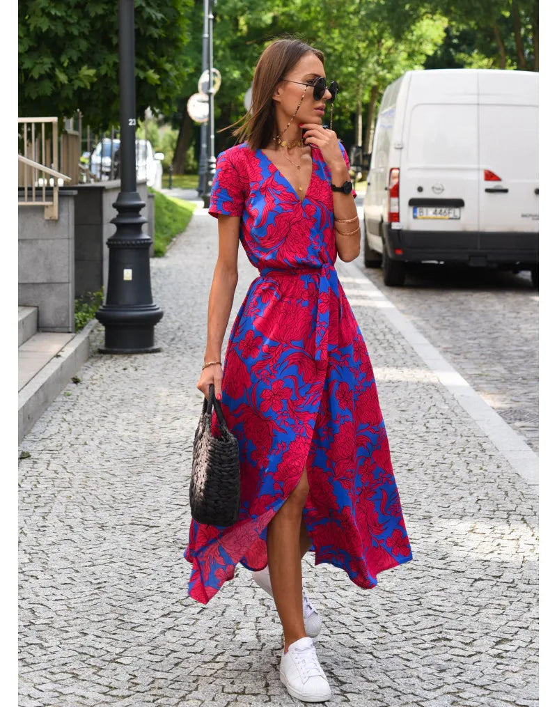 Summer Polka Dot Split Hem Long Dress Women 2023 New Fashion V Neck Print Sundress Vestidos Short Sleeved Waisted Lace-up Dress