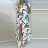 Summer Women Boho Printed Long Shirts Elegant Dress Turn-down Collar Long Sleeve Female Casual Split Shirt Evening Maxi Dresses