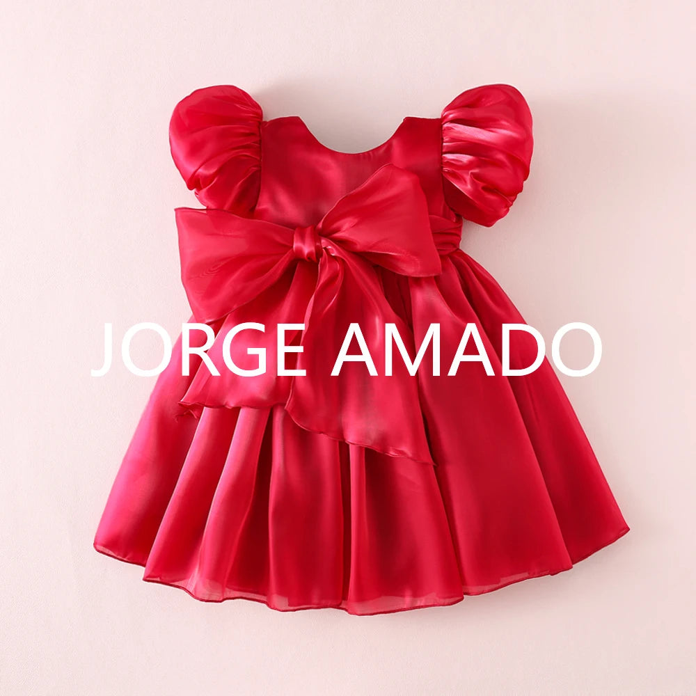 Baby Girl Summer Dress Short Puff Sleeves Large Bow Solid Round Neck Backless Princess Dresses Twins Daughter Clothing H0404