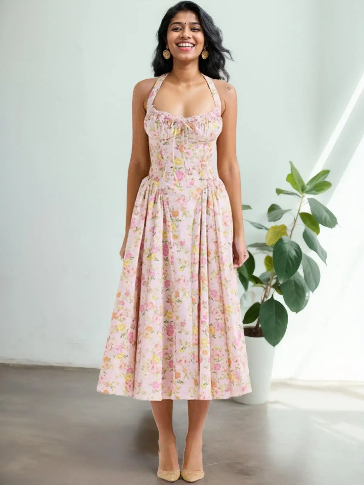 YENKYE Lace Trim Floral Print Halter Dress For Women Sexy Backless Low Waist Midi Summer Dresses Holiday Party Robe