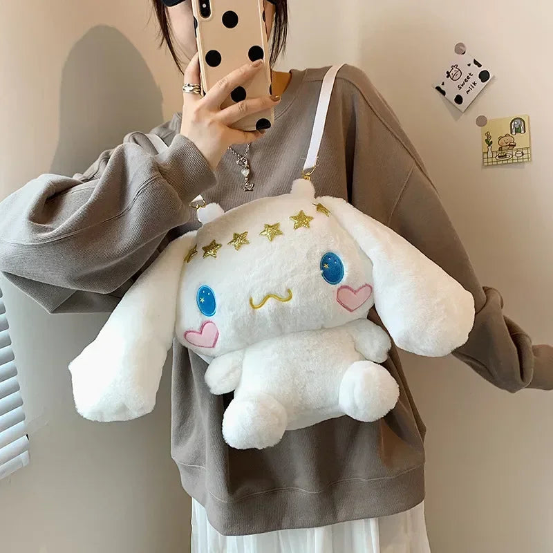 Kawaii Sanrios Plush Cartoons Anime Melody Kuromi Cinnamoroll Shoulder Bag Backpack Plushie Stuffed Toy Schoolbag Kids Doll Gift