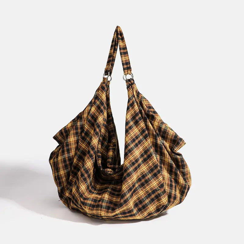 GAINNY Vintage Plaid Canvas Tote Women Large Capacity Korean Fashion Travel Shoulder Bag for Work Shopping Aesthetic Designer