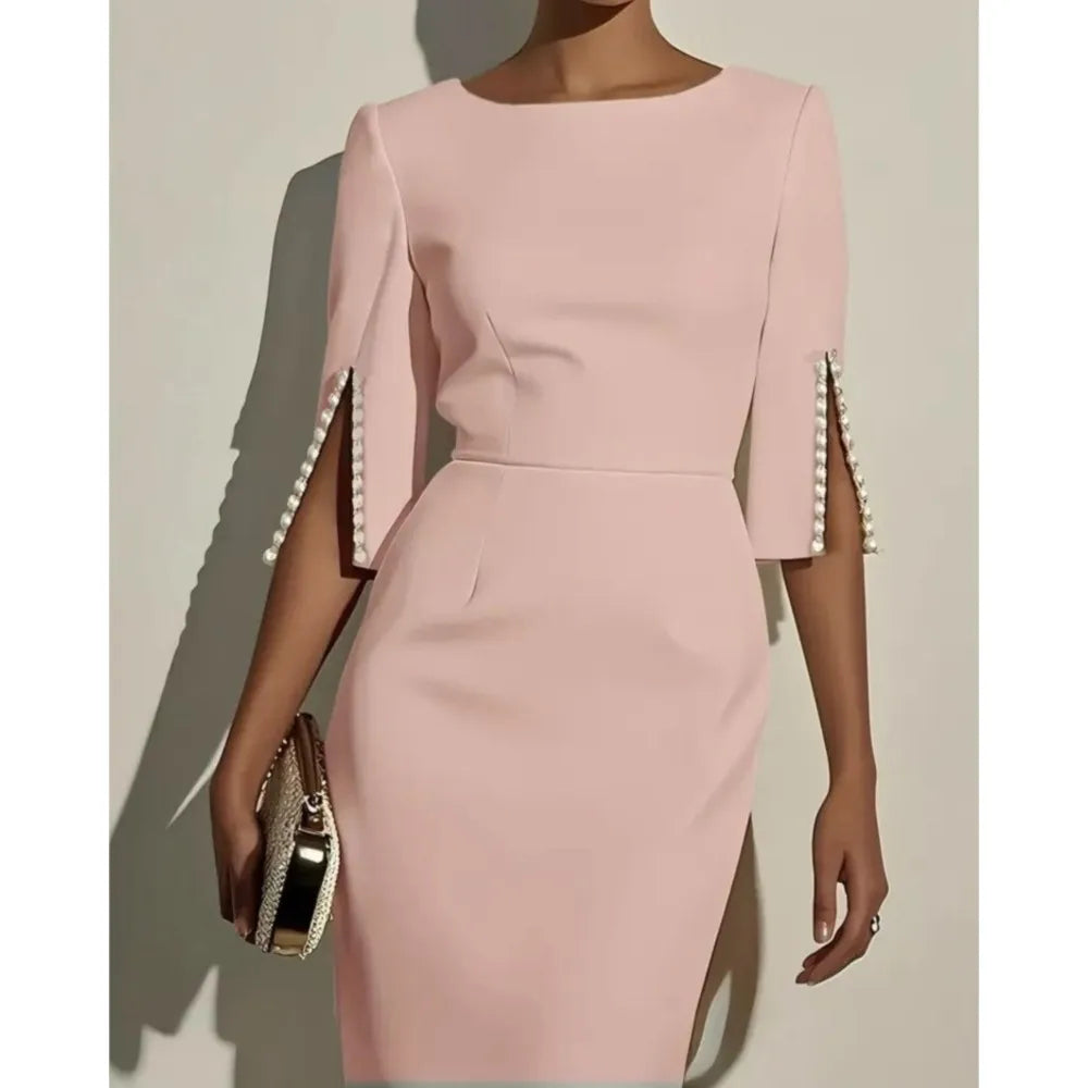 Elegant Round Neck Half Sleeved Beaded Mid Length Dress New Spring Summer Solid Color Commuting Slim Fit Dress Women's Wear