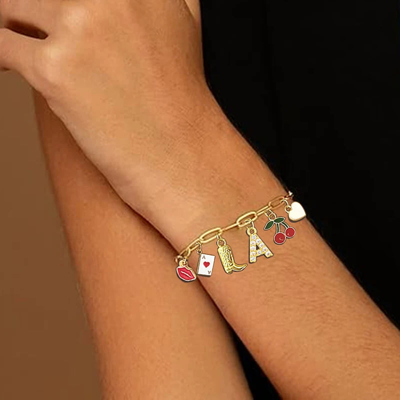 Enamel Red Lips Cherry Boot Letter Charm Bracelet Gold Plated Stainless Steel Chain Bracelets For Women Girls Cowgirl Jewelry