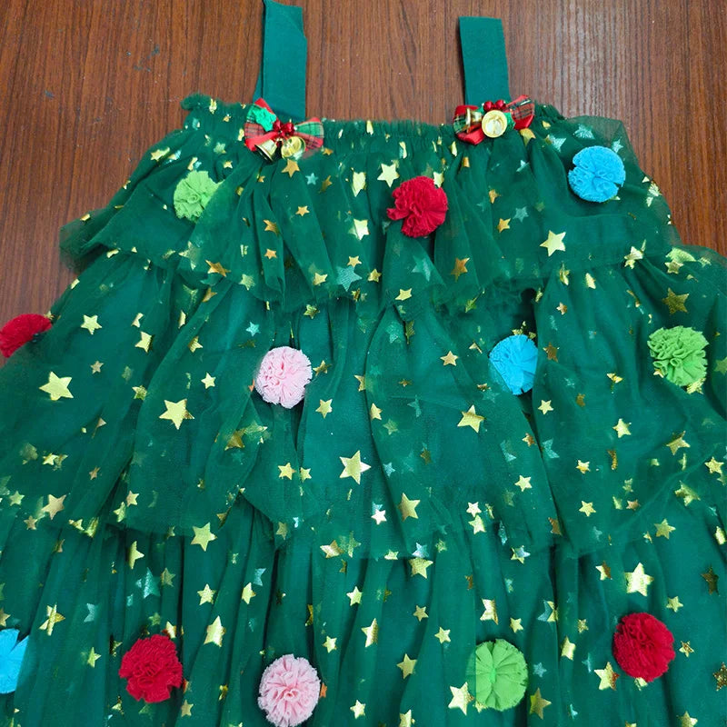 Christmas Costume Summer Kids Girl Green Dress Print Sleeveless Star Layered Tulle Dress Plush Ball Hat Baby Xmas Party Clothes