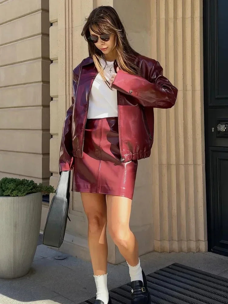 Fashion Street Burgundy Pu Leather Jacket Mini Skirt Set Women Causal Zipper Long Sleeve Coat 2024 New Female High Streetwear