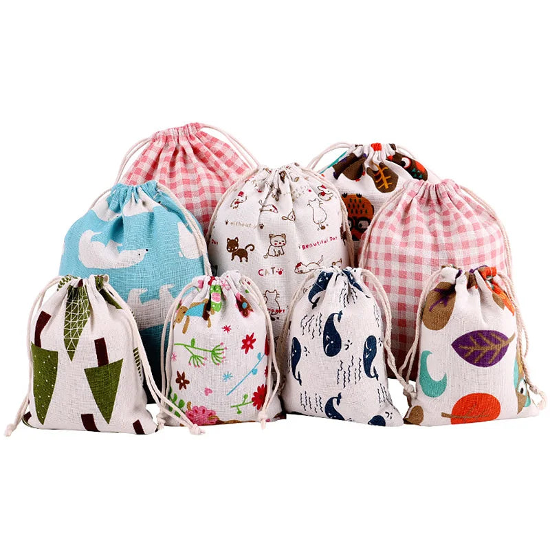 1PC Cotton Linen Fabric Pouch Drawstring Bag Cute Animal Plant Print Kids Travel Cloth Shoes Storage Bag Makeup Case Gift Bag