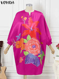 Plus Size 5XL VONDA Women Bohemian Sundress 2024 Autumn Floral Printed Elegant Midi Dress 3/4 Bat Sleeve Casual Loose Retro Robe