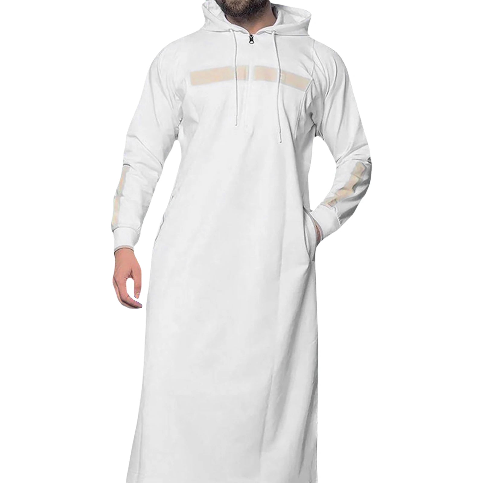 Douhoow Hooded Jubba Thobe Oversized Drawstring Long Striped Robe for Men Long Sleeve Zipper Contrast Color Jubba Thobe Clothes