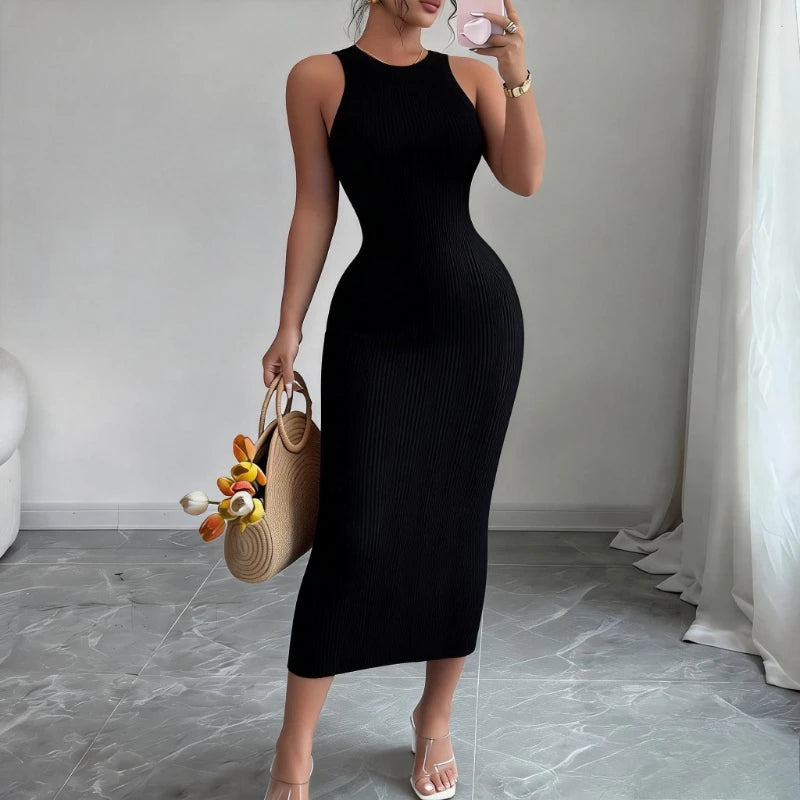 Women's Green Sleeveless Crew Neck Sundress Wave Textured Stretchy Knit Bodycon Maxi Dress Summer Daily Party Vacation Dress