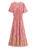 Happie Queens Women Floral Print Tie Neck Beach Bohemian Maxi Dresses Ladies Rayon Cotton Boho Pleated Dress Vestidos