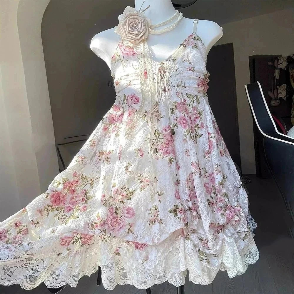 Woman Sweet Kawaii Y2k Min Dress Lolita Cute Sleeveless Floral Dress Spicy Girls Lace Up Ruffle Slim Fit Dresses Design Chic