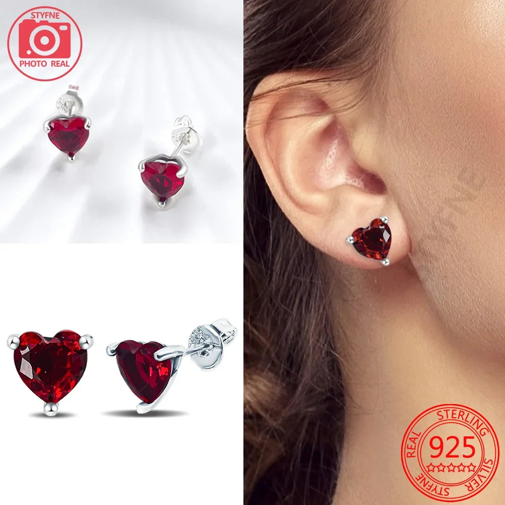 925 Sterling Silver Angel Earrings Red Heart Shape Zircon Stud Earrings for Women Engagement Luxury Jewelry Accessories Gift