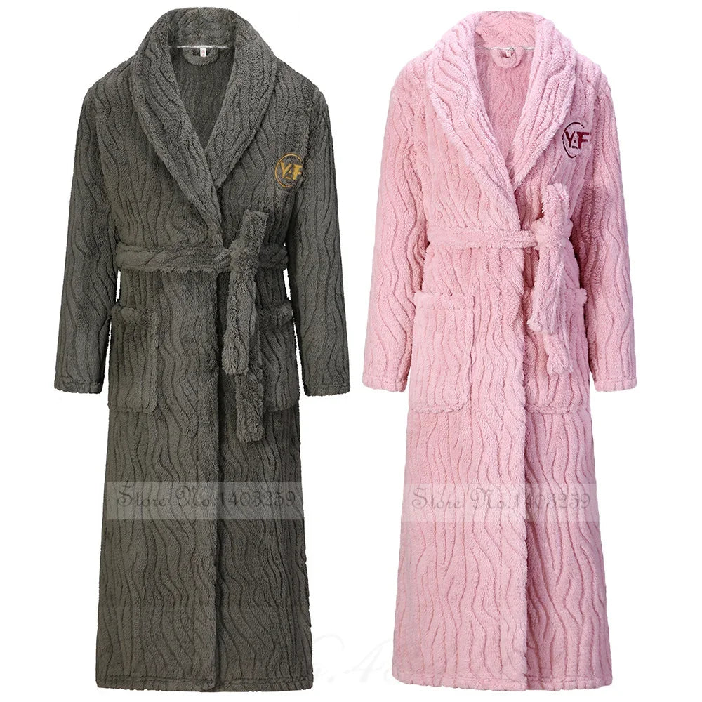 Plus Size Thicken Warm Couple Sleepwear Long Flannel Robe Kimono Bathrobe Gown Loungewear Loose Casual Coral Fleece Homewear