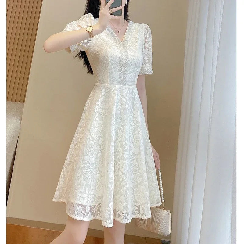 Retro Lace Sequins Beaded Chic Elegant White Party Dresses for Women Summer Fashion V Neck Short Sleeve Slim Midi Dress Vestidos