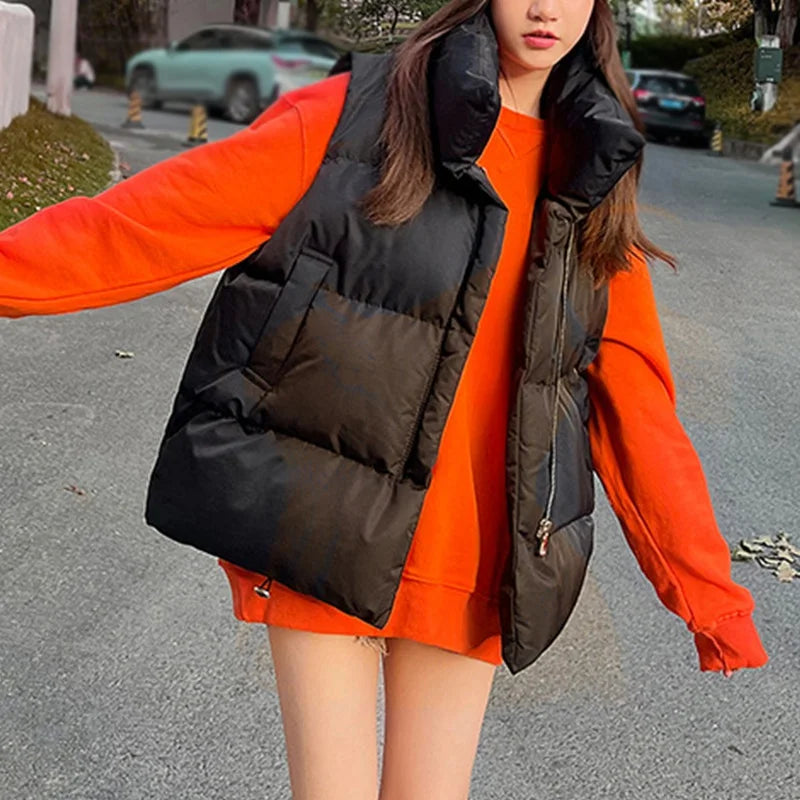 Autumn Winter Warm Solid color Cotton vest Women's vest Standing collar Sleeveless Cotton padded Outerwear Women's coat