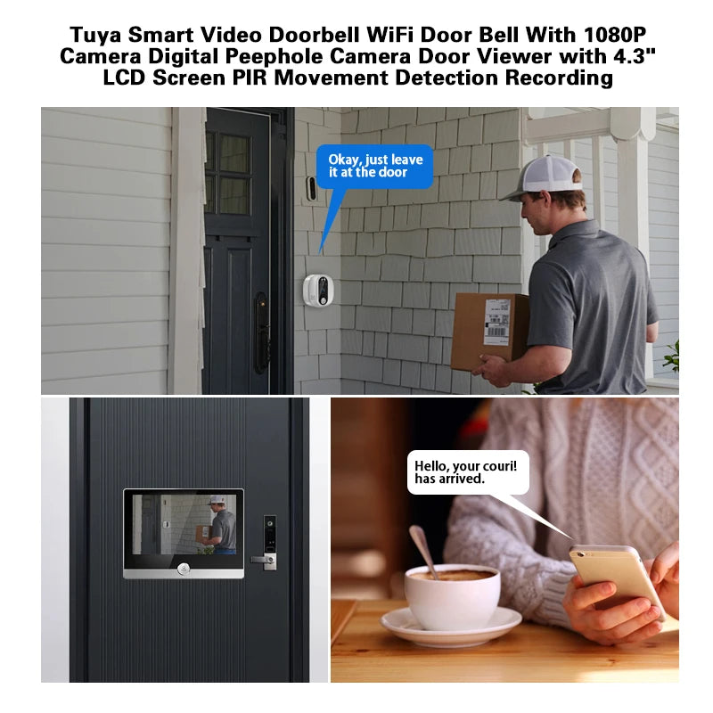 Tuya Video Doorbell 1080P WiFi Peephole Camera Door Bell PIR Cat Eye 4.3 Inch Home Digital Door Viewer for Security Protection