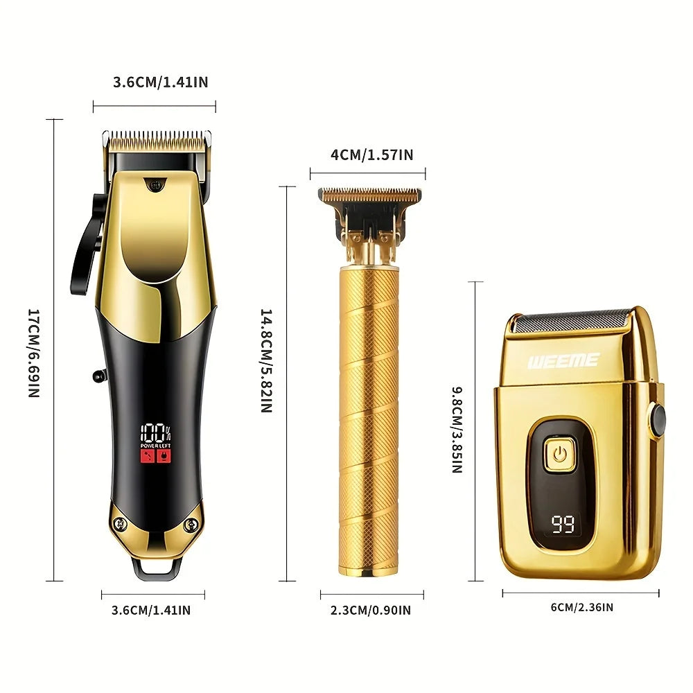 Men's Grooming Kit 3-Piece Set, Golden Balck Hair Clippers With LCD Display, USB Rechargeable, 8 Guide Combs, Trimmer And Shaver