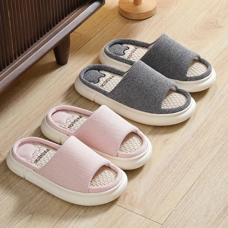 Couples Home Linen Slippers Women Indoor Soft Comfortable Bedroom Slides Men Leisure Non Slip House Shoes Platform Cotton Flats