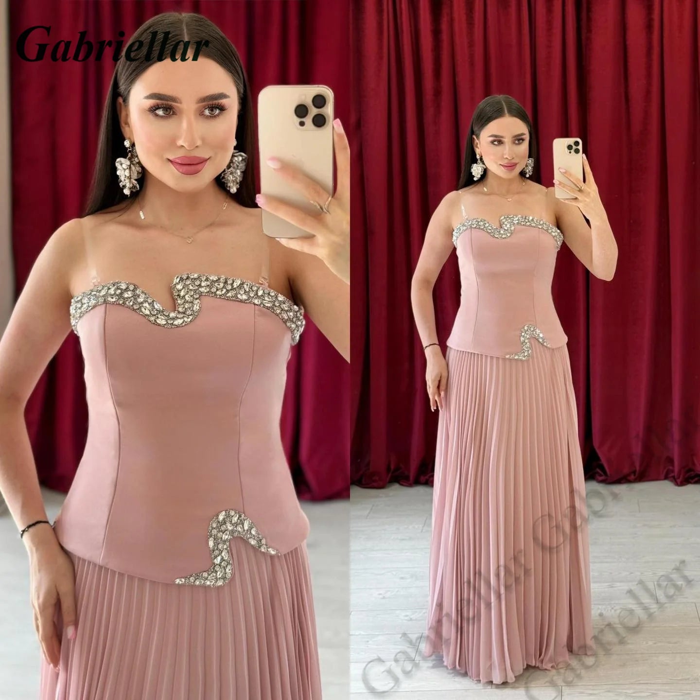Gabriellar Stylish Rhinestones Eveining Dresses Dubai Sleeveless A-line Chiffon Pleats Elegant Party Dresses Customized