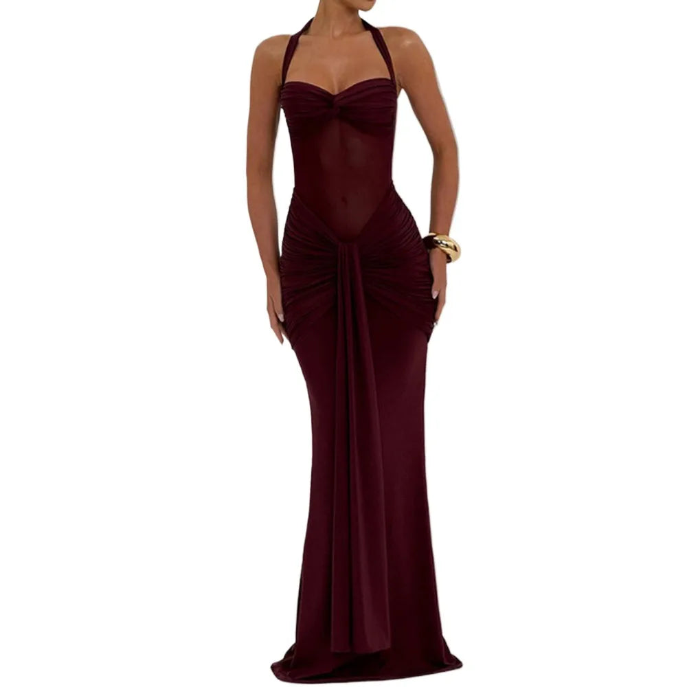 Women Evening Party Long Maxi Dress Elegant Mesh Patchwork Backless Slim Pleated Ribbon Tulip Vestidos OUFY-EYS250732