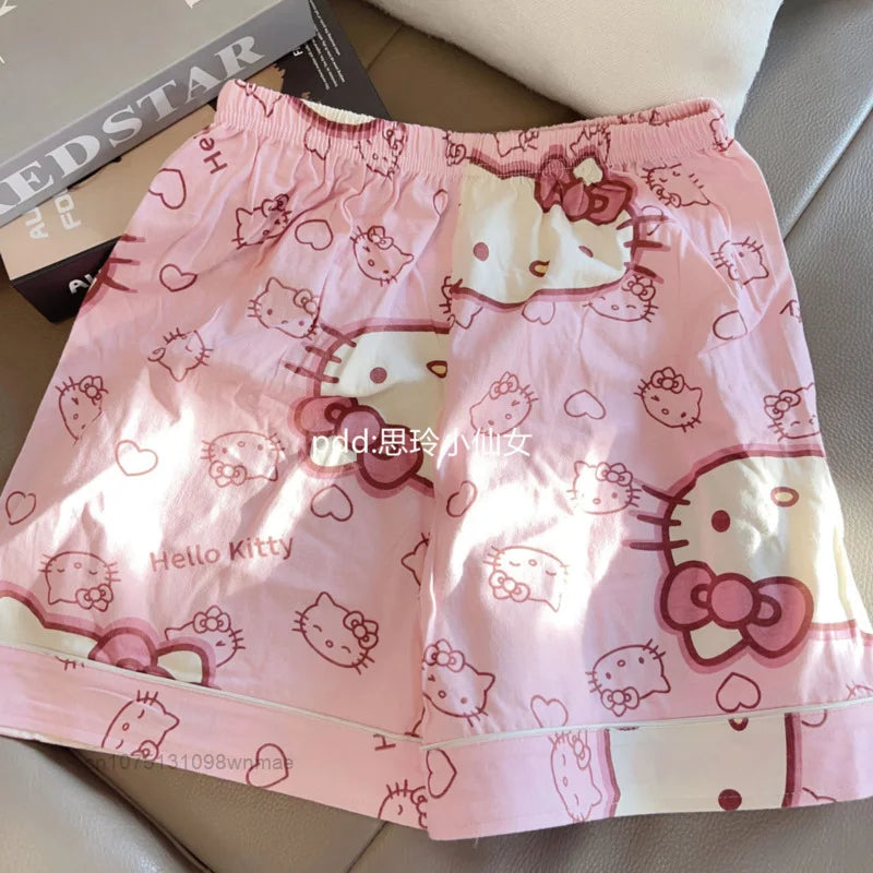 Sanrio Black Kuromi Hello Kitty Pink Pijamas Set Y2k Women's Casual Loose Summer 2 Pcs Pyjamas Suit Home Clothing