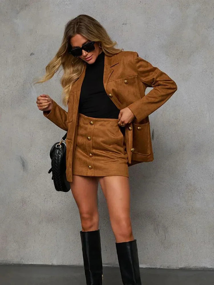 Elegant Brown Suede Jacket Women Fashion Lapel Long Sleeve With Pocket Coat Mini Skirt Suit 2024 New Autumn Lady High Streetwear