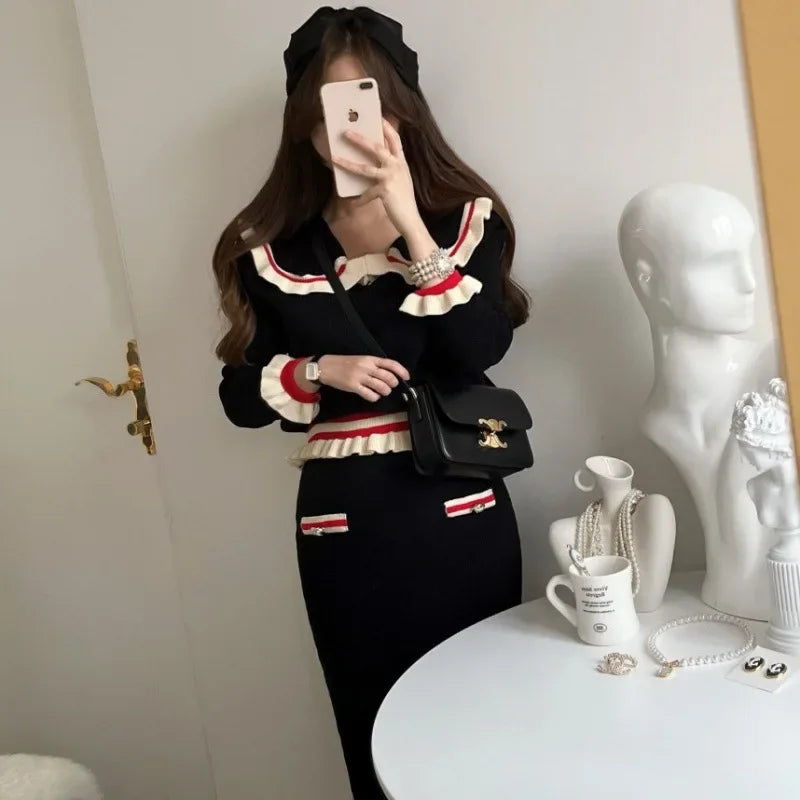 Elegant Women's Fashion Set Korean Style Ins Age-reducing High-end Feel Doll Neck Topbagged Skirt 2-piece Set