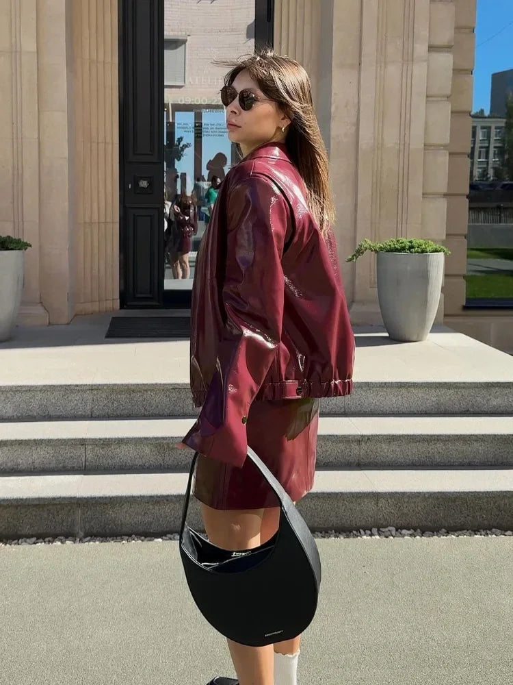 Fashion Street Burgundy Pu Leather Jacket Mini Skirt Set Women Causal Zipper Long Sleeve Coat 2024 New Female High Streetwear