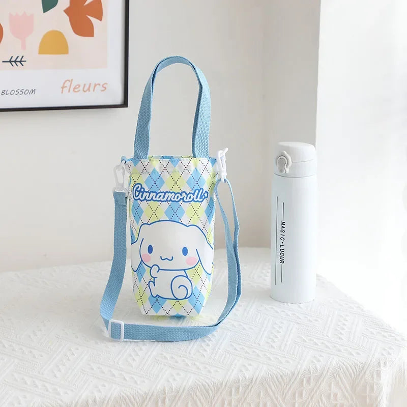 Kawaii Sanrio Hello Kitty Water Bottle Bag Cute Anime Figure Kuromi Pochacco Canvas Mug Bags Crossbody Tote Girls Gift Kids Toys