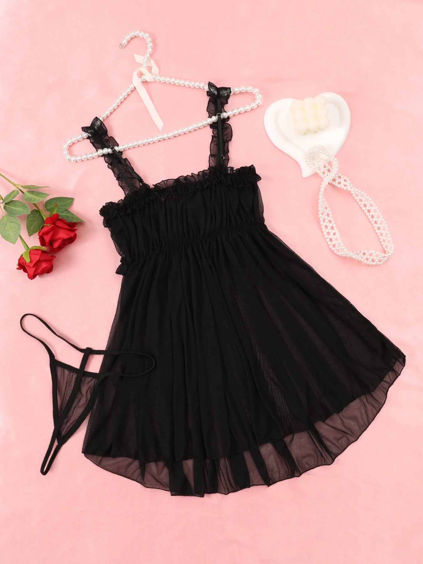 New Pajama Set Babydoll Nightdress Knee-length Sling Transparent Lace Top And G-string Sleepwear Sexy Lingerie For Women Solid