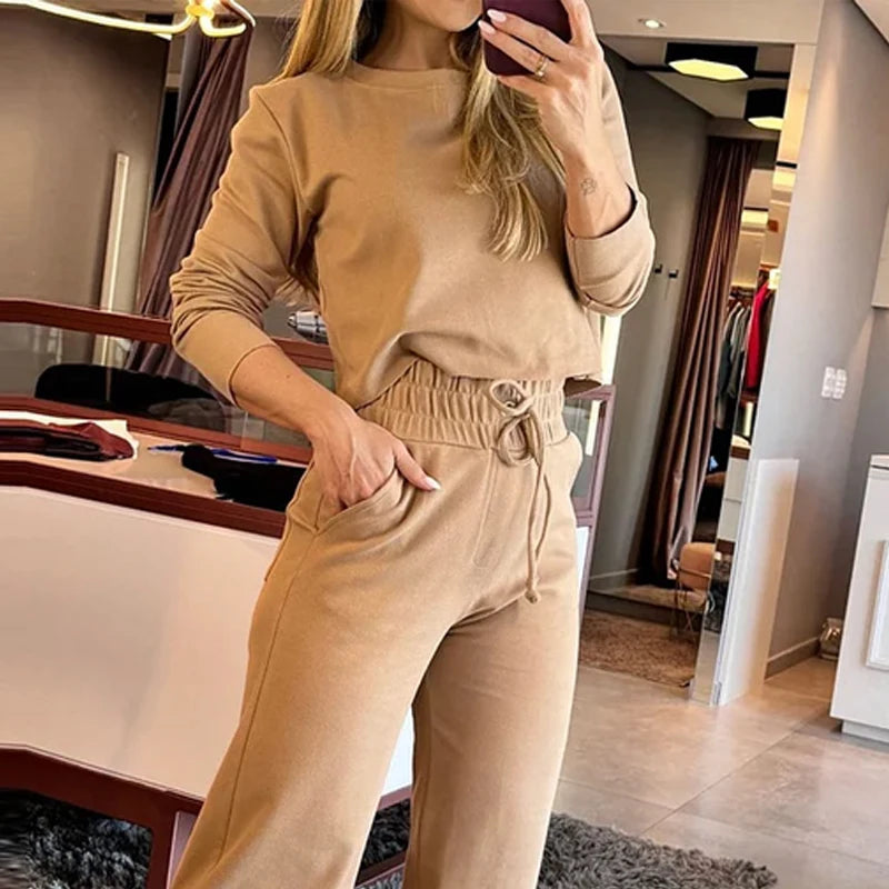 Wefads Autumn 2 Piece Set Women Casual Solid Long Sleeve Round Neck Pullover Top Loose Drawstring Lace Up With Pockets Pants Set