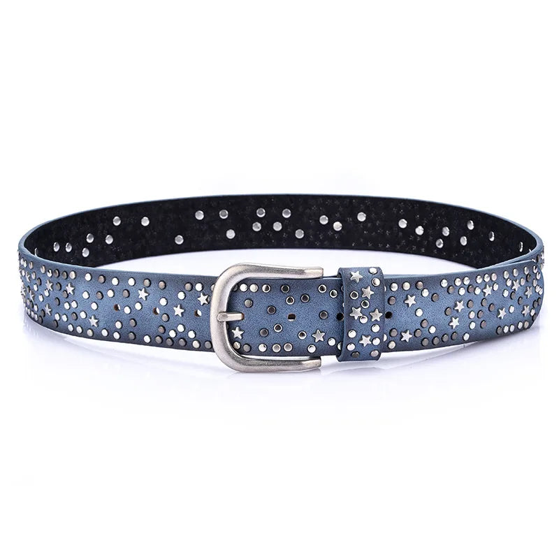 Women New Fashion Rivets Belt Vintage Punk Pin Buckle Geometry Leather Belts for Female Waistband Belt