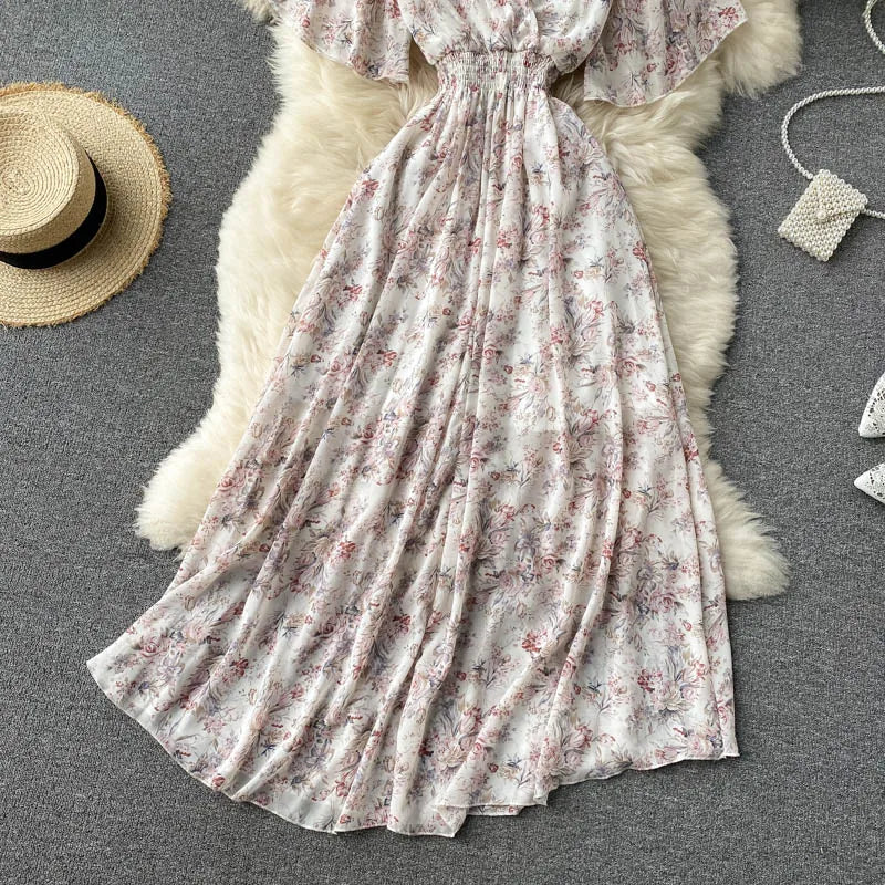 Retro Floral Print Ruffle Chiffon Elegant Midi Dress A-line V Neck Beach Vacation Dress Women Korean Fashion Summer Vestidos