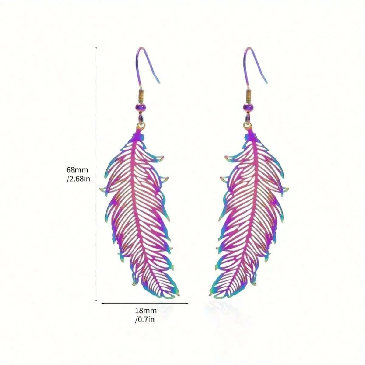 Bohemian Style Exquisite Copper Colorful Hollowed Feather Earrings Long Drop Purple Color Hook Earrings Daily Wear Jewelry