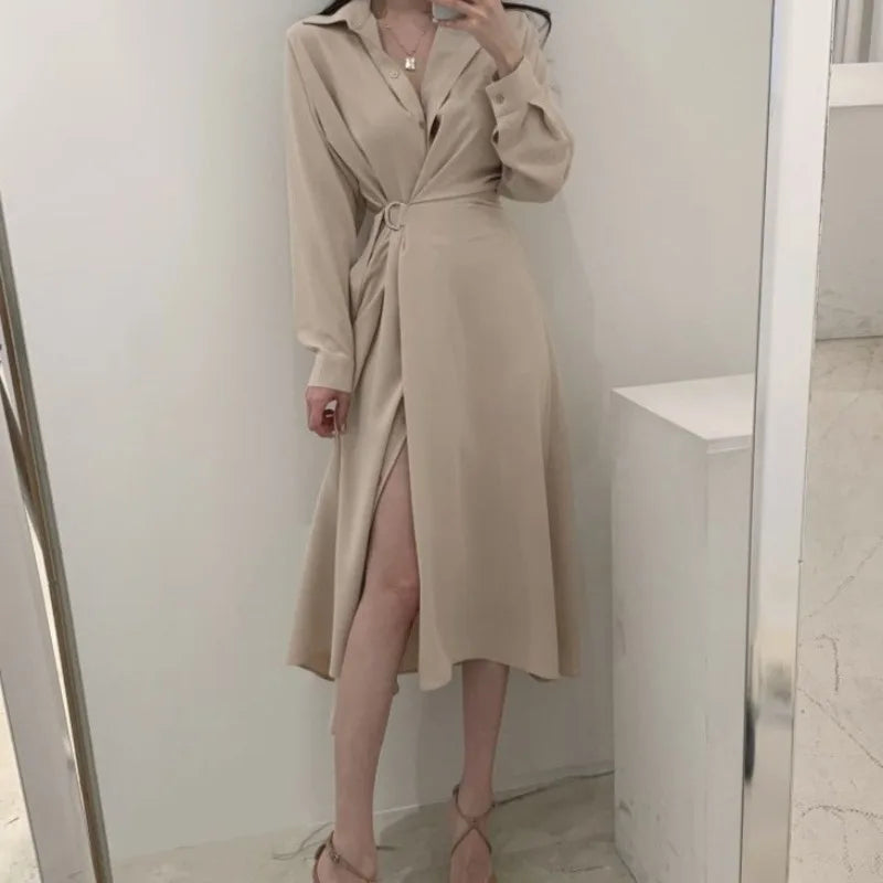 Dresses Women Single Breasted Classy Turn-down Collar Defined Waist Chic Female Vestidos Popular Daily Spring Autumn Ulzzang