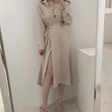 Dresses Women Single Breasted Classy Turn-down Collar Defined Waist Chic Female Vestidos Popular Daily Spring Autumn Ulzzang
