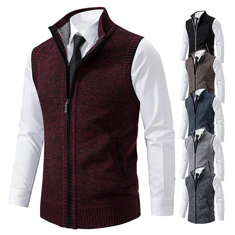 Vest Men Knitted Sleeveless Sweater Jacket Wool Velvet Zipper Cardigan Turn-down Pullovers Turtleneck Sweatercoat Knit Waistcoat