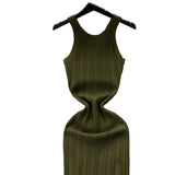 Women's Green Sleeveless Crew Neck Sundress Wave Textured Stretchy Knit Bodycon Maxi Dress Summer Daily Party Vacation Dress