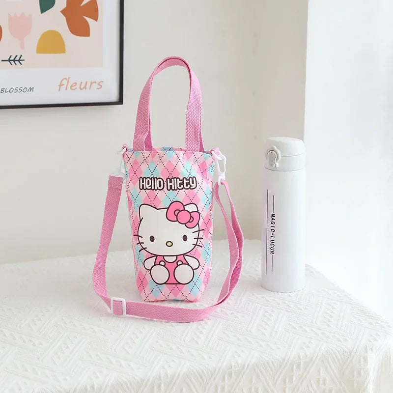 Kawaii Sanrio Hello Kitty Water Bottle Bag Cute Anime Figure Kuromi Pochacco Canvas Mug Bags Crossbody Tote Girls Gift Kids Toys