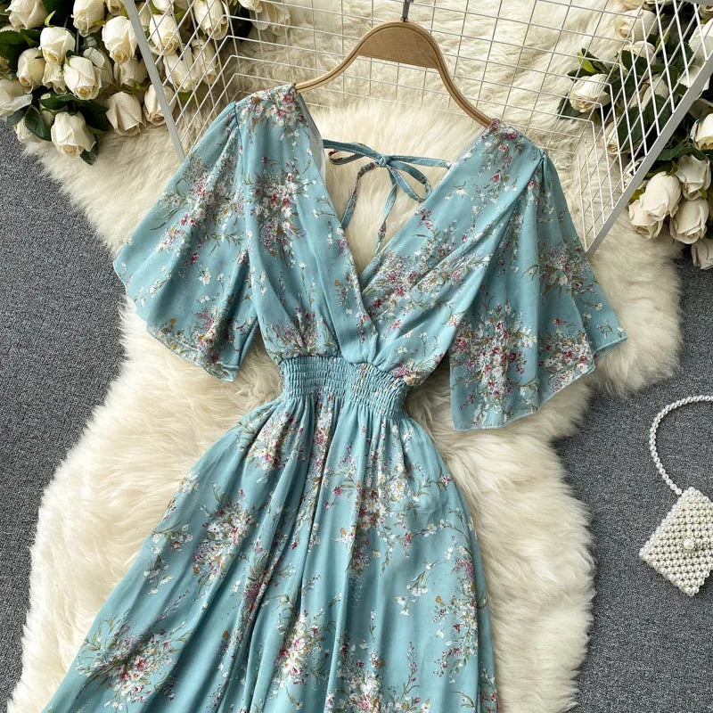 Retro Floral Print Ruffle Chiffon Elegant Midi Dress A-line V Neck Beach Vacation Dress Women Korean Fashion Summer Vestidos
