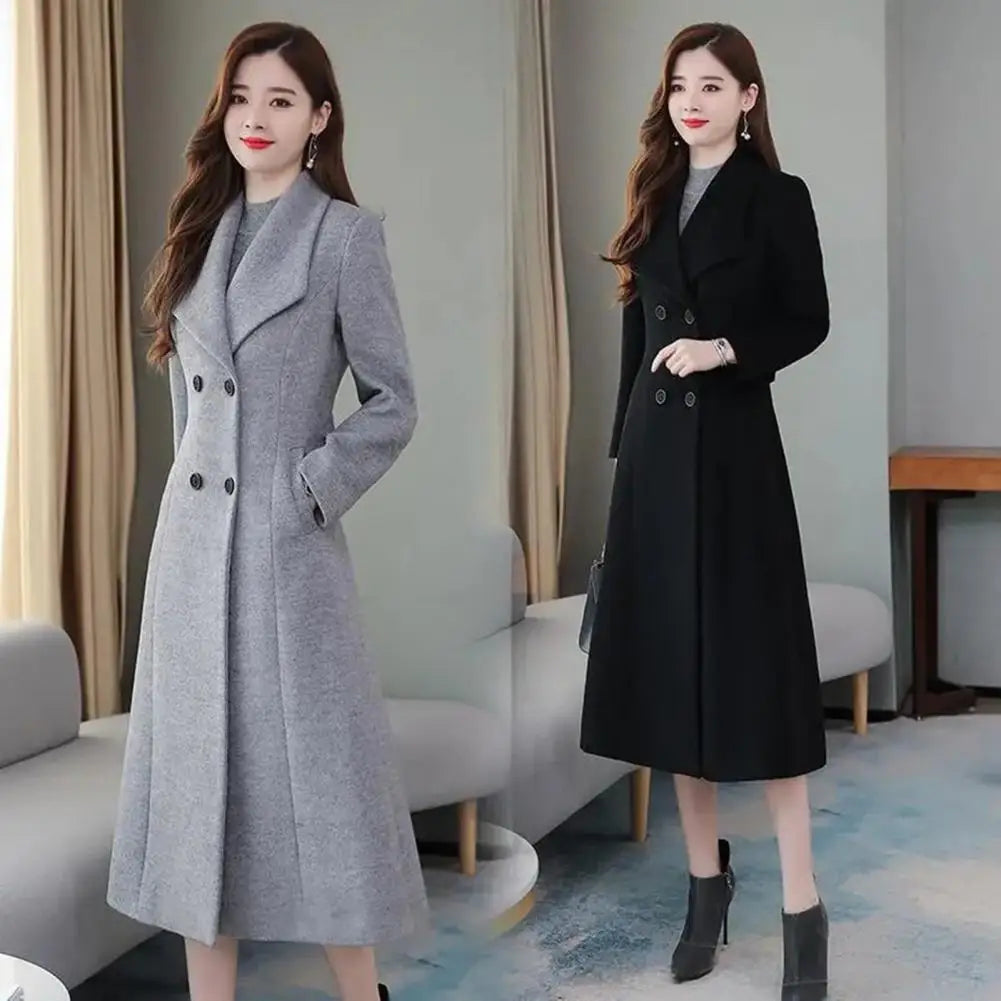 Plus Size Woolen Coat Thickened Coldproof Simple Lady Winter Solid Color Mid-Calf Length Buttons Woolen Jacket Coat