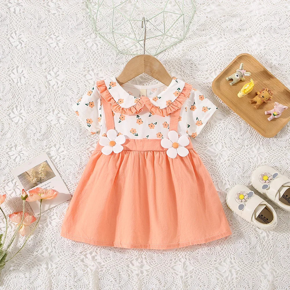 Summer New Flower Short Sleeved Baby Girl Dress Sweet Fake Two Piece Children'S Clothing (6-24 Months)