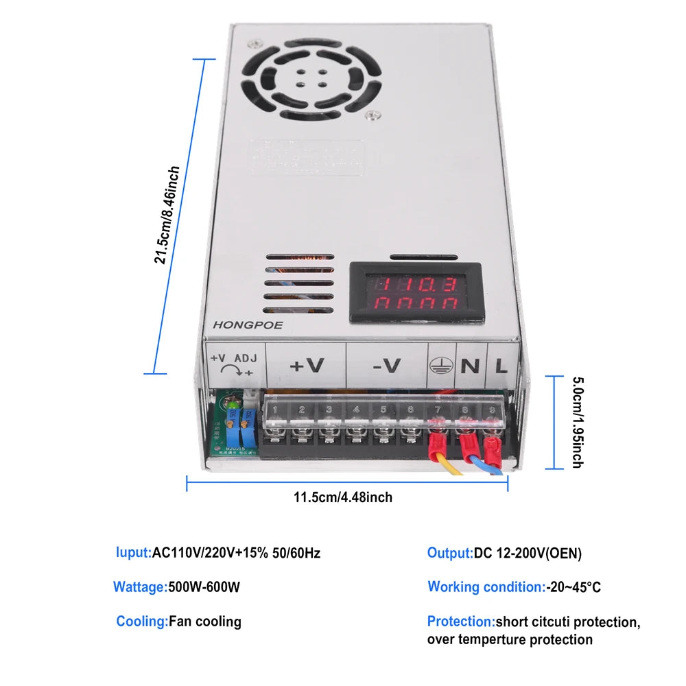 Digital display adjustable 500W 600W 1000W power supply 0-12V 15V 24V 27V 30V 36V 48V 60V 72V 90V 110V 150V 200V AC to DC SMPS